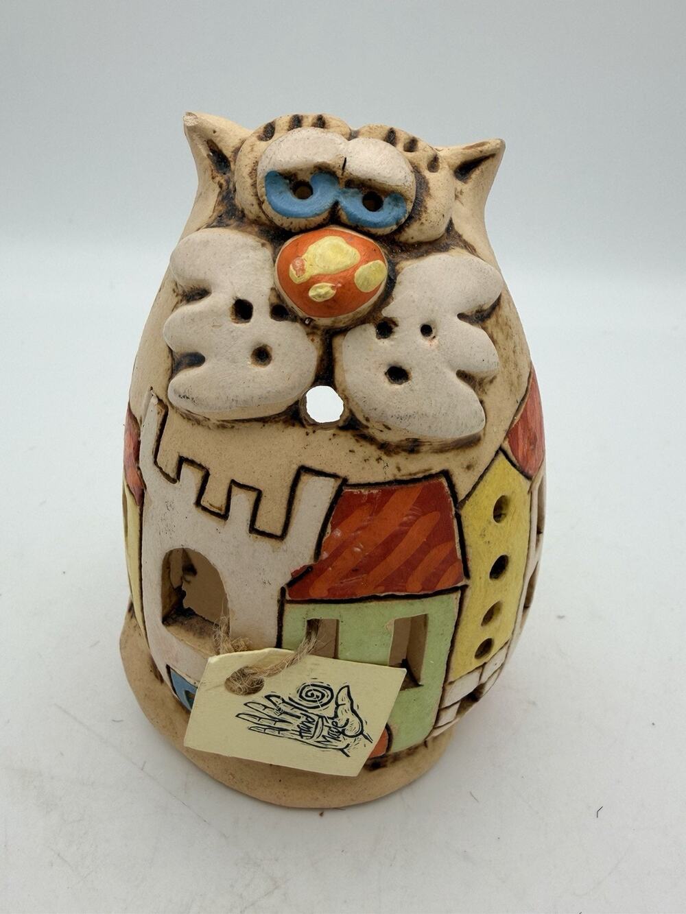 Folk Art Handmade Cat Shaped Ceramic Candle Holder Luminary Decor Votive
